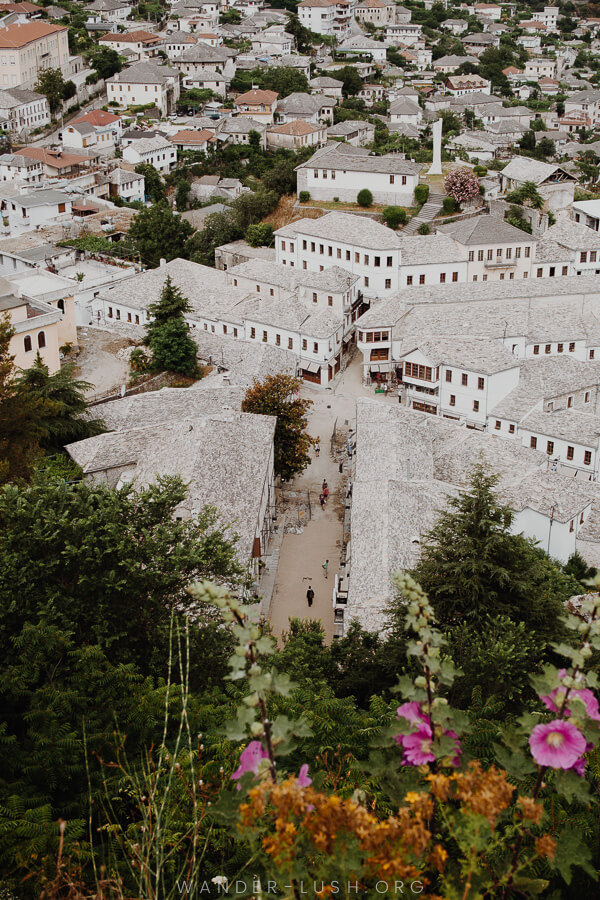 An aerial view of stone roofs in Gjirokaster Old Town.