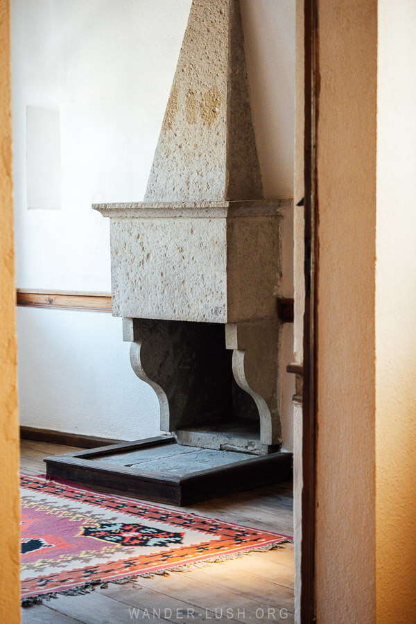 An old stone fireplace inside the Ethnographic Museum in Gjirokaster, Albania.
