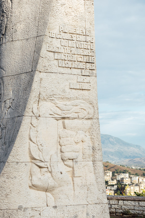 Engravings in Albanian language on the side of the Gjirokaster Obelisk.