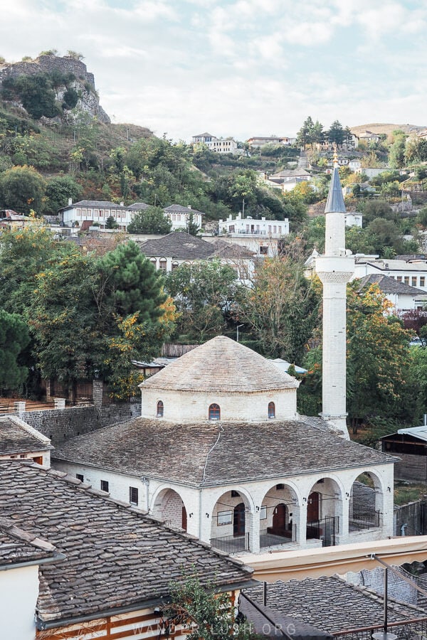 View of the Bazaar Mosque in Gjirokaster, with its restored roof and minaret.