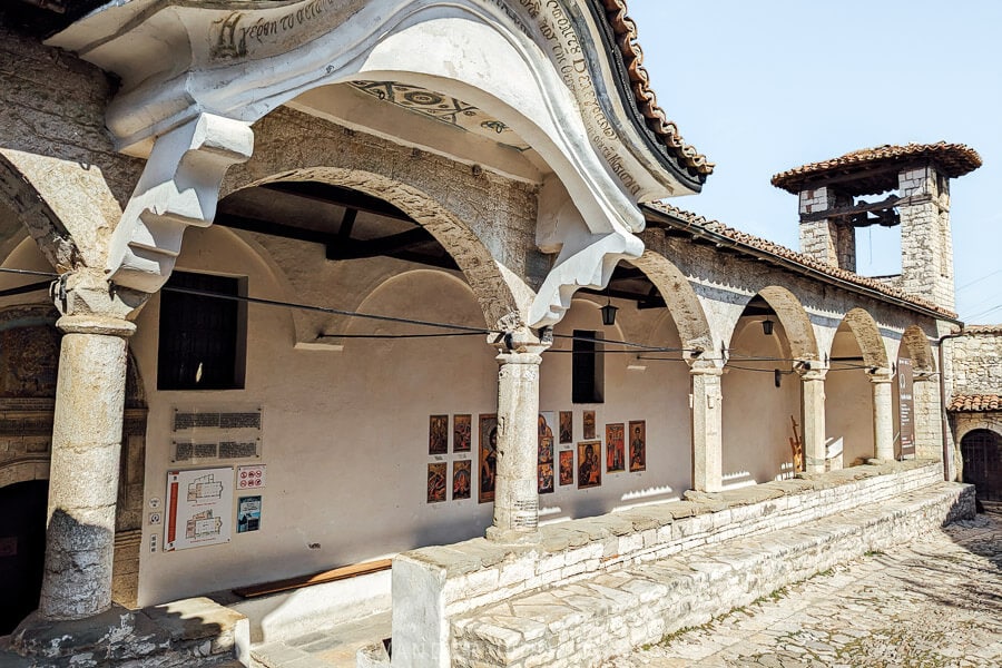 Entrance to the Onufri Museum in Berat, a Byzantine church with a curved portico.