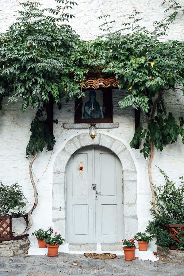 The cute green doorway of a Byzantine church in Kastoria.