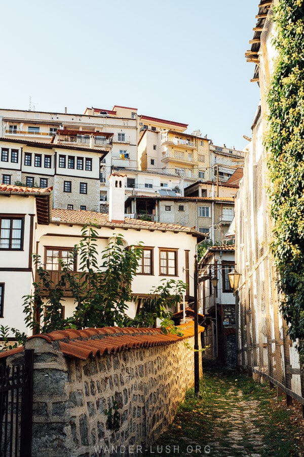 Ottoman architecture in Kastoria, Greece, with houses stacked on a hillside.