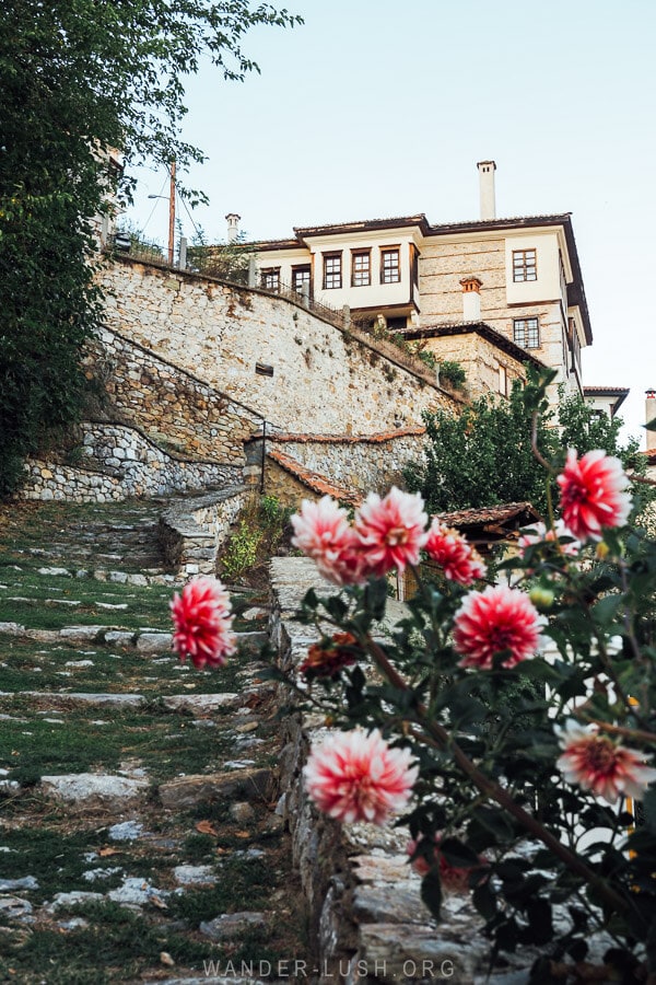 A beautiful street in Kastoria with stone houses and pink flowers.