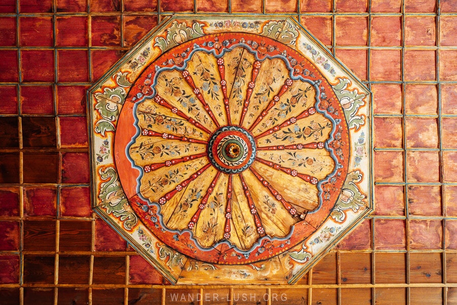 An intricate wooden ceiling inside Kastoria's Tsiatsiapas Mansion.