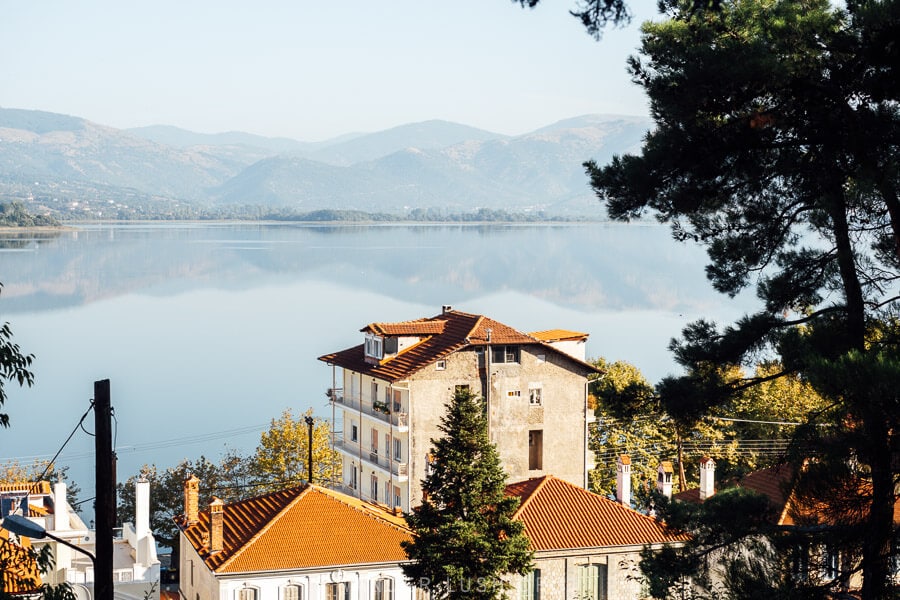 View of Lake Orestiada in Kastoria with houses in the foreground.