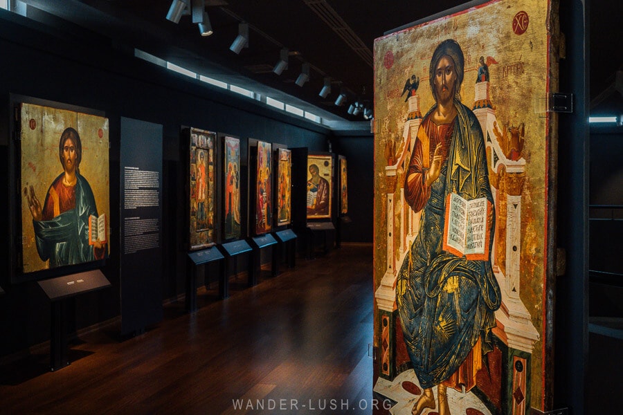 Exhibits of icons and religious art at the Byzantine Museum of Kastoria.