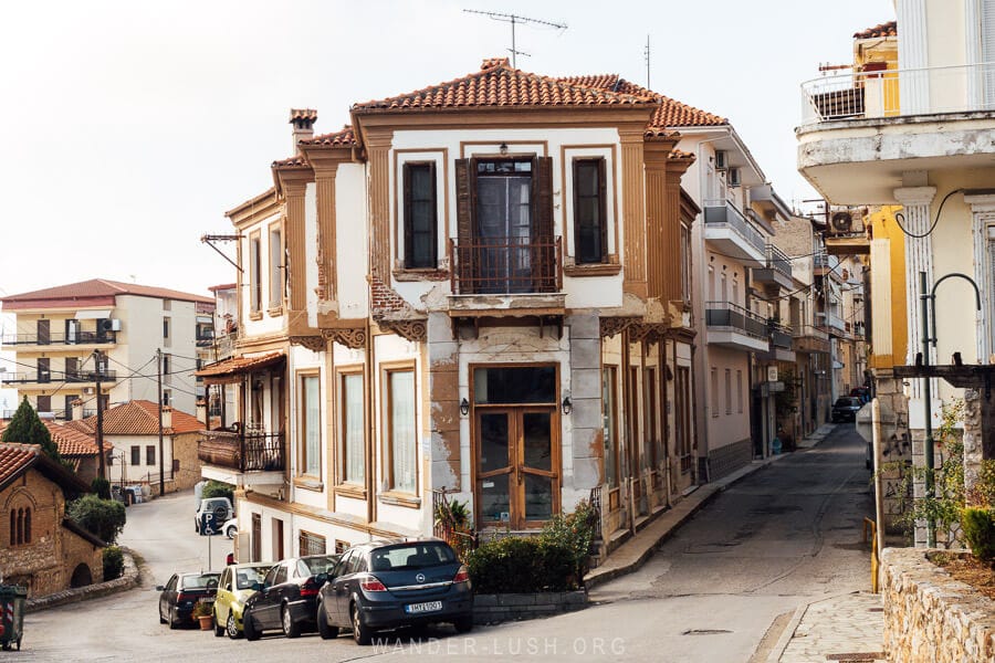 A beautiful corner building in Kastoria, Greece.