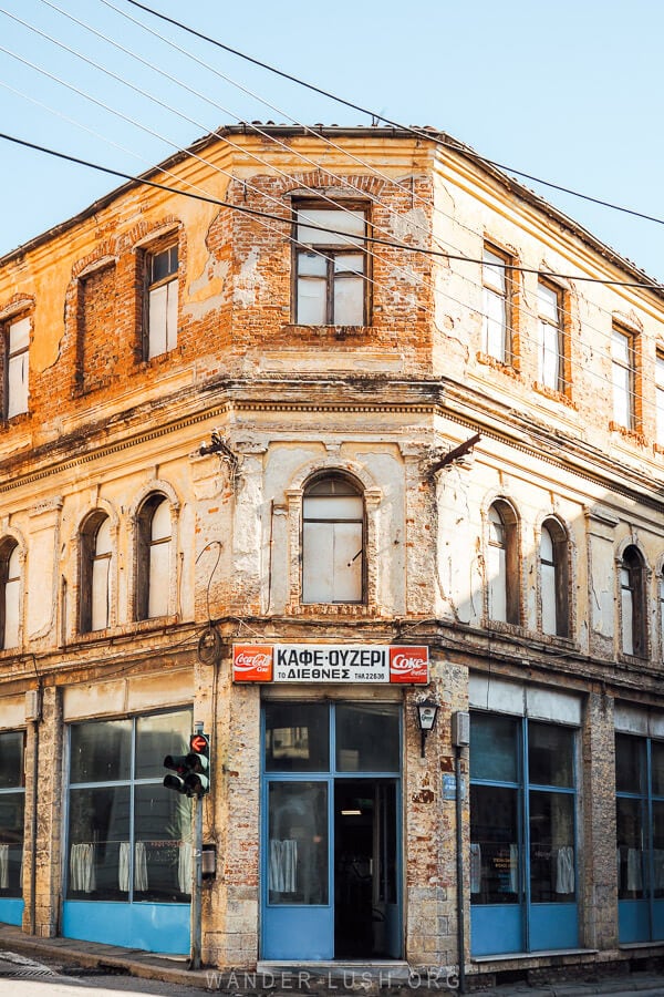 An old school cafe inside a beautiful heritage brick building near the bus station in Kastoria.