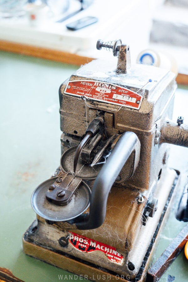 An old Bonis sewing machine used to sew fur at a studio in Kastoria.