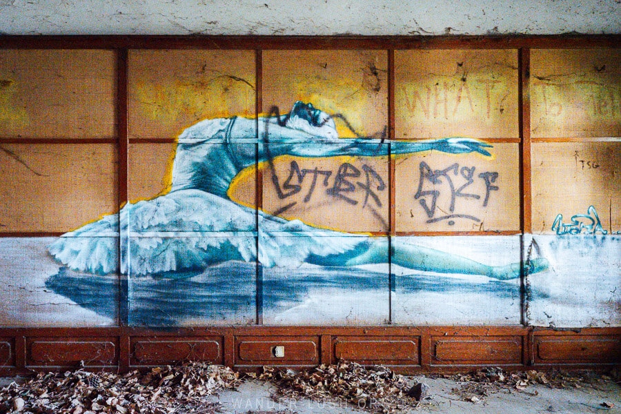 A ballerina painted on the wall of an abandoned hotel in Kastoria, Greece.