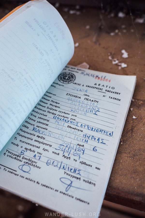 An old hotel ledger book found inside an abandoned building in Kastoria, Greece.