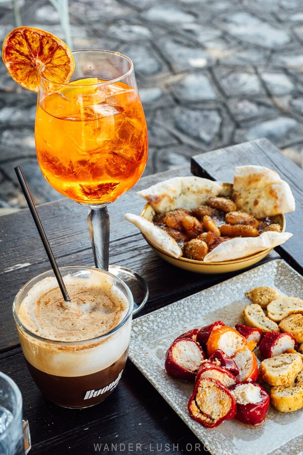 Nibbles and a spritz cocktail at a cute cafe in Kastoria, Greece.