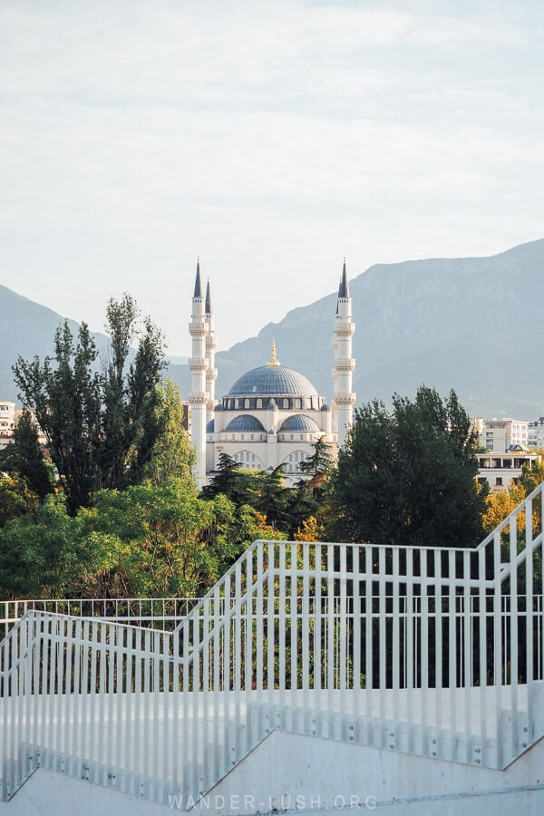 View of the new Grand Mosque from the top of the Pyramid of Tirana.