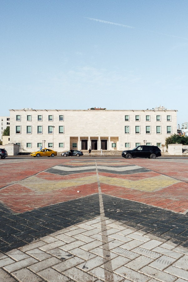 Mother Theresa Square, a large open square with coloured pavement in Tirana.