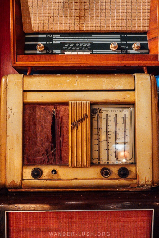 Old radios stacked inside a bar in Tirana's Blloku neighbourhood.