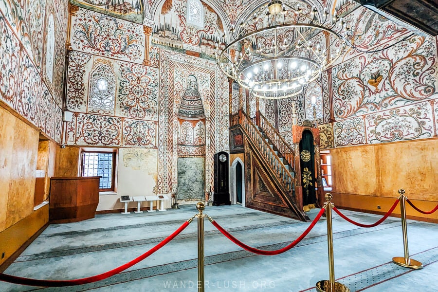 The painted prayer hall inside the Et'hem Bej Mosque in Tirana.