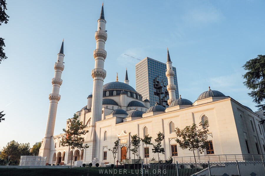 The new Namazgah Tirana Grand Mosque at dawn.