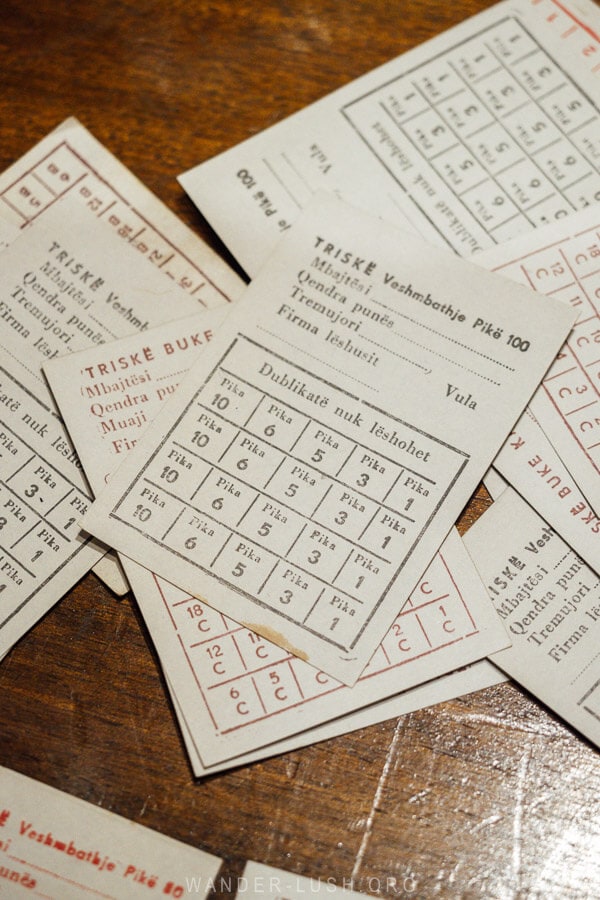 Albanian ration cards used during the communist period on display at the Women's Museum in Tirana.