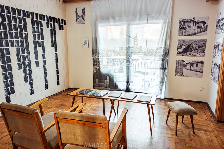 The Kadare House Museum, a living area set up with documents and photographs related to the life and work of Ismail Kadare.