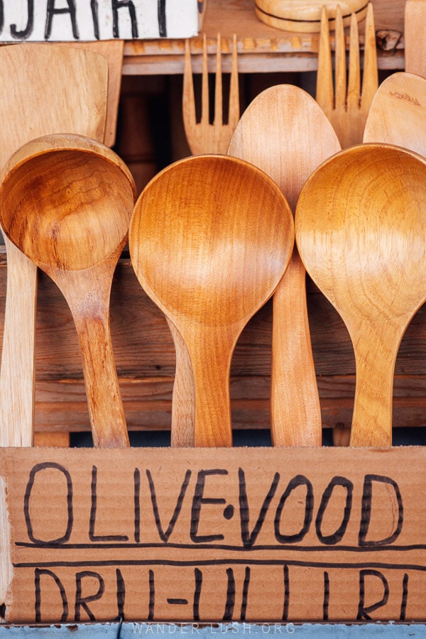 Kitchen spoons carved from olive wood for sale at the New Bazaar market in Tirana.