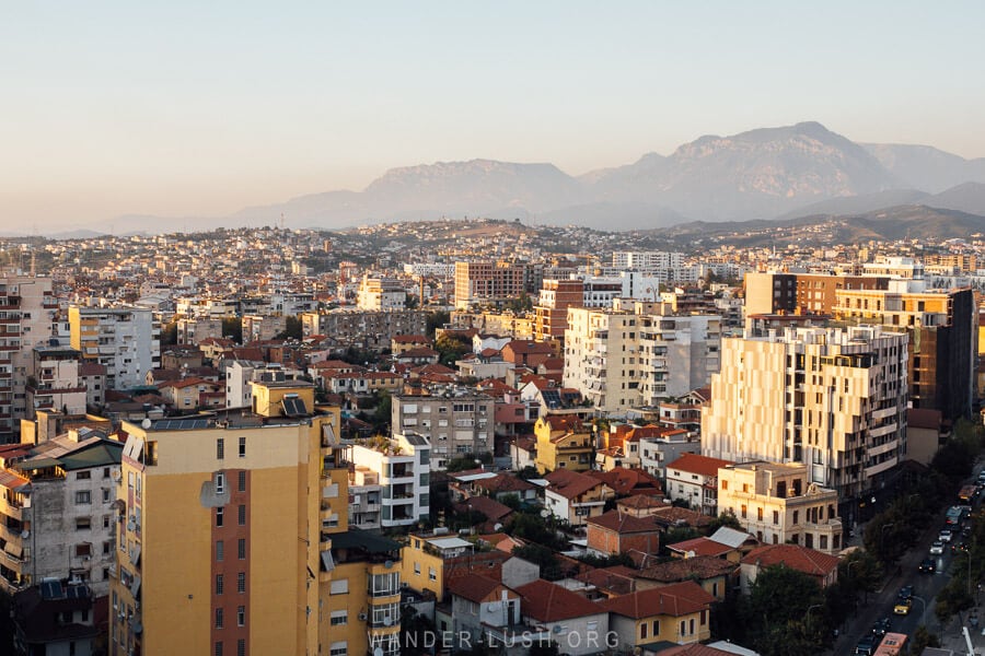 A view of Tirana city at dusk.