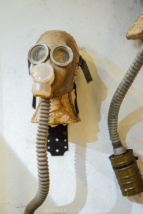 Gas masks on display at the Bunk'Art Museum in Tirana.