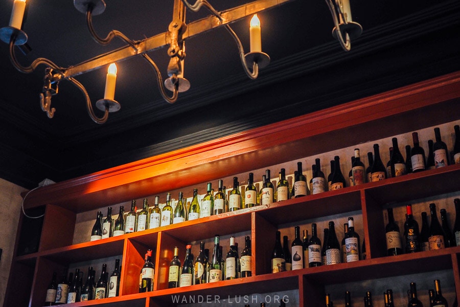 Shelves of Imeretian wine at Doli Restaurant in Kutaisi.