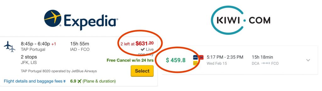 Kiwi vs Expedia flights