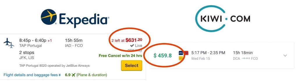 Kiwi vs Expedia flights