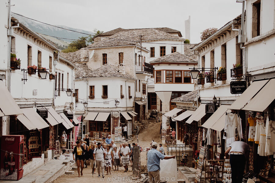 Stone buildings in Gjirokaster Old Bazaar, Albania.