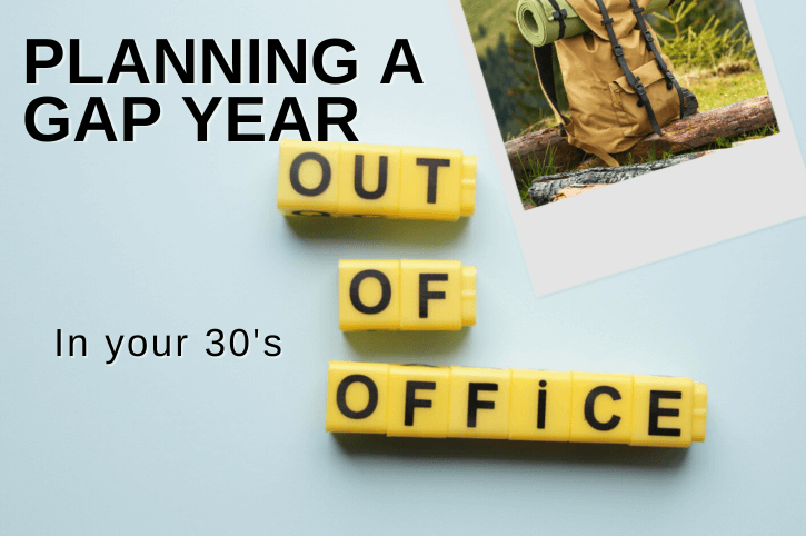 Graphic reads "Planning a Gap year in your 30's" Over a background of legos spelling "out of office" And a polaroid of a backpack