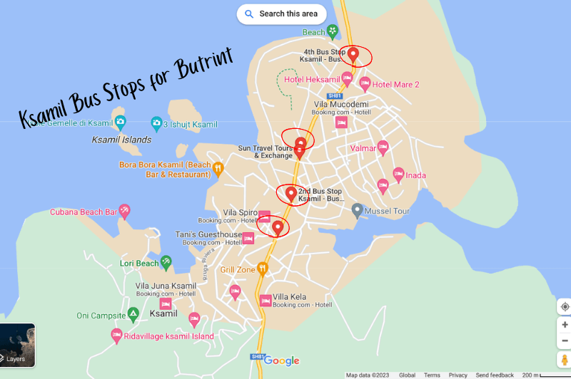 All 4 bus stops on the way to Butrint through Ksamil