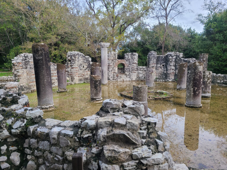 Butrint National Park baptistery with columns still standing. Water has flooded the area where the mosaic would be.