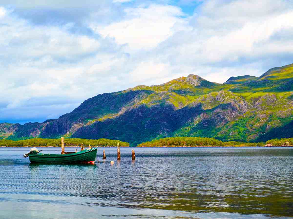 view of serene Loch Maree in the Scottish Highlands