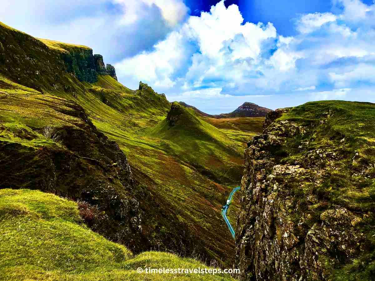 the beautiful raw landscape of Quiraing Mountain Pass, Isle of Skye, Scotland | © timelesstravelsteps