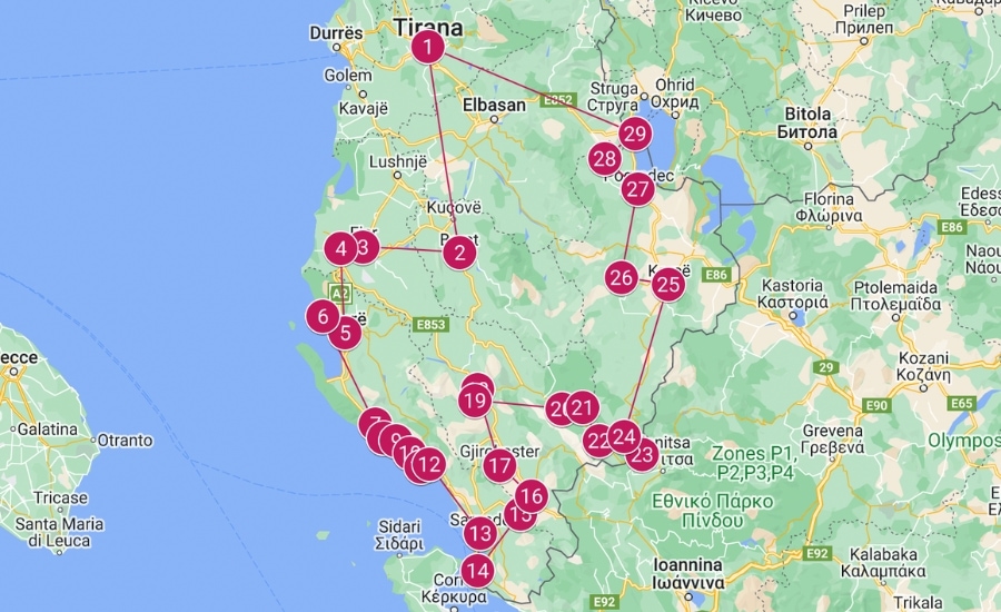 Map of a road trip route in Albania.