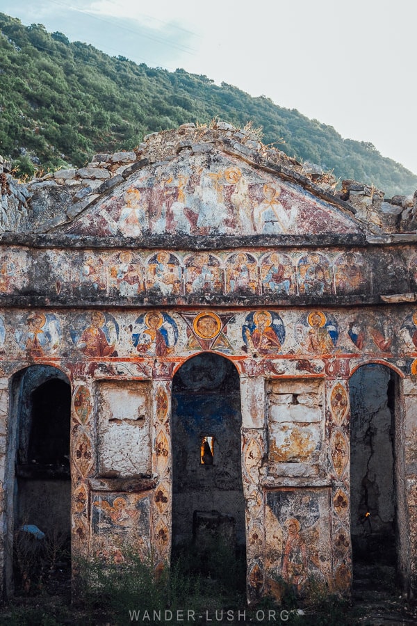 A ruined Orthodox Church with beautiful painted frescoes in Vuno village.