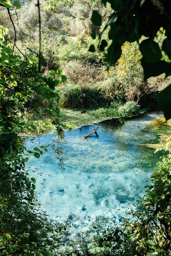 The Blue Eye, a deep pool of turquoise water surrounded by greenery in Albania.