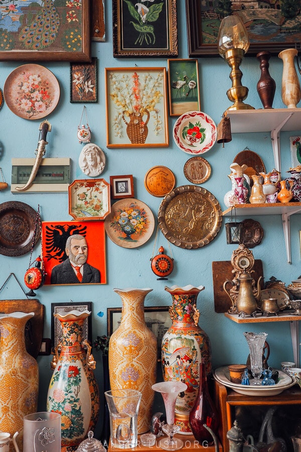 An antique shop in Permet, Albania sells vases, plates and other ephemera.