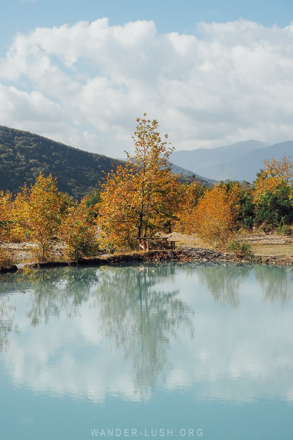 A brilliant blue swimming pool surrounded by autumn foliage in Albania.