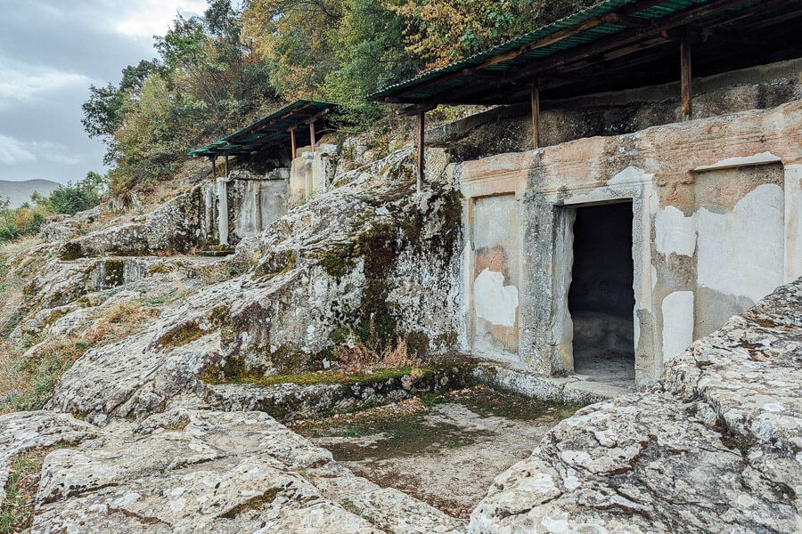 The Royal Tombs of Selca, ancient Illyrian tombs hewn from the rock outside Lin in Albania.