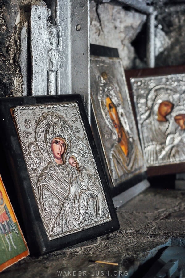 Christian icons propped up inside a shrine in Leskovik, Albania.