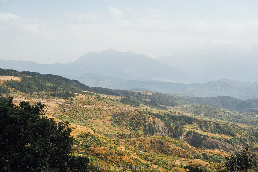 View of vineyards and mountains outside Leskovik in Albania's wine region.