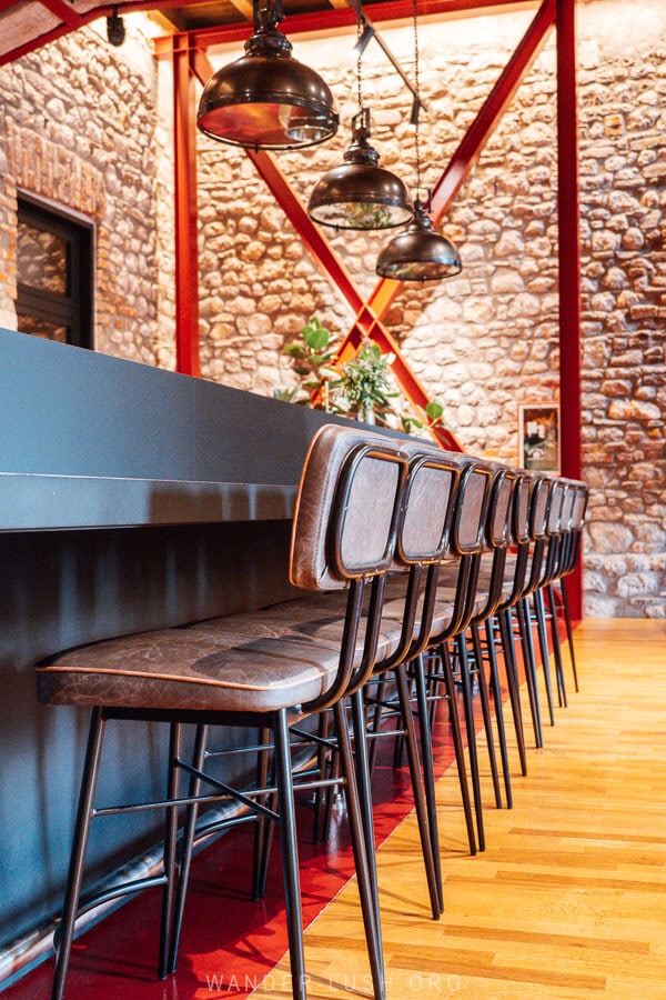 Bar seating at the Melesin Distillery in Leskovik.