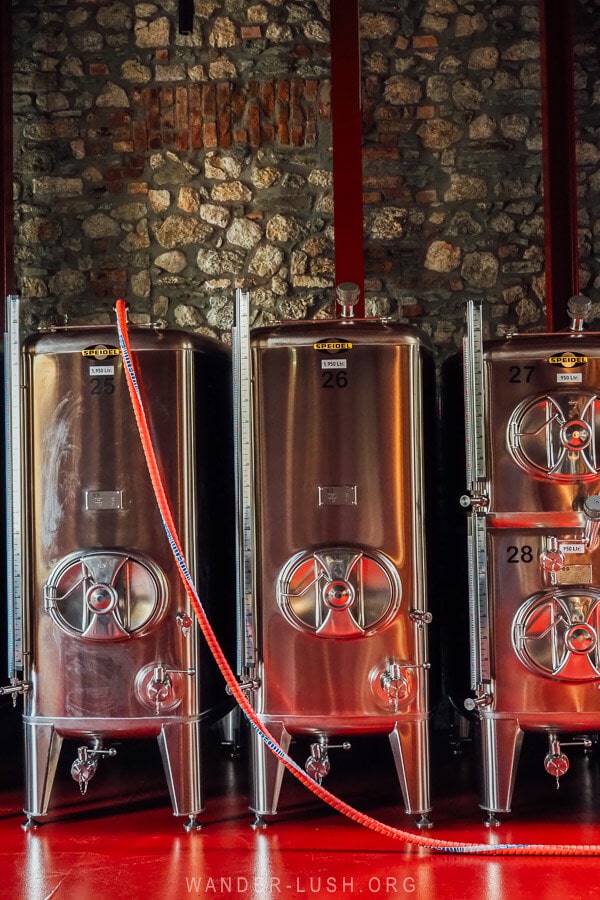 Distillery equipment in the lounge at the Melesin Distillery in Leskovik.