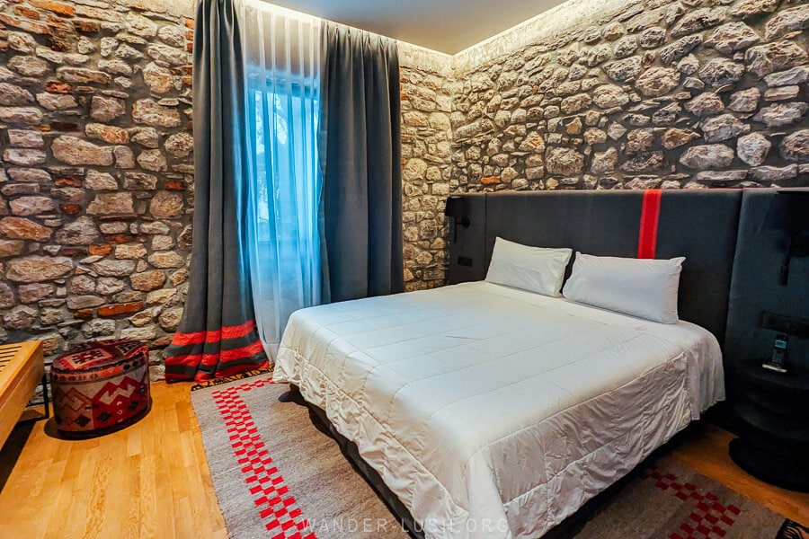 A boutique hotel room at Melesin Distillery in Leskovik, Albania.