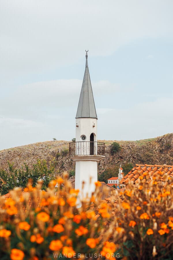 A mosque minaret rises above yellow flowers in the village of Lin Albania.