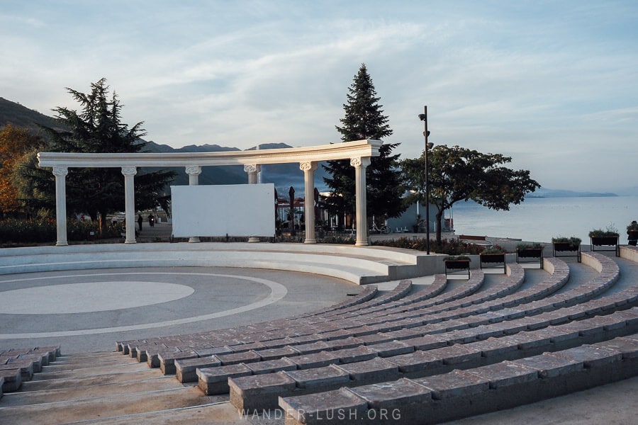 An open amphitheatre in Pogradec on the shore of Lake Ohrid.