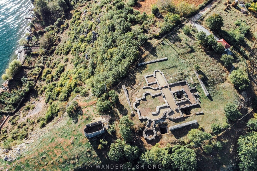 An aerial view of the stone foundations of the pre-Christian Basilica in Lin, Albania.